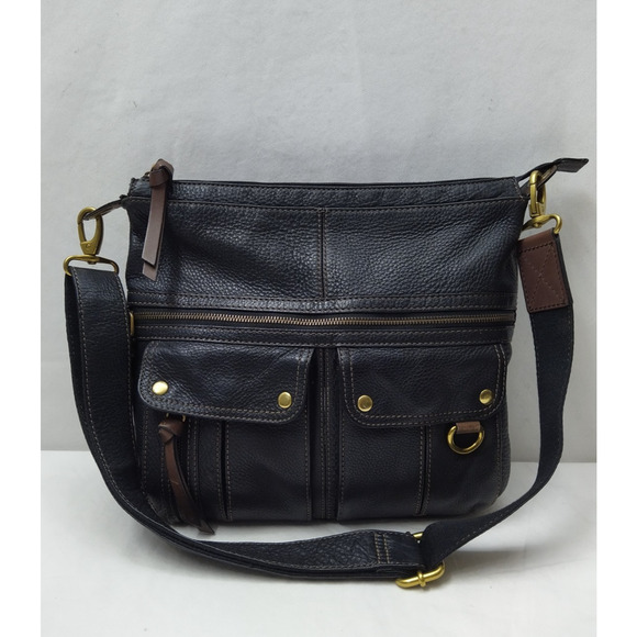 Fossil Black Leather Zipper Pockets Crossbody Bag - Picture 1 of 16